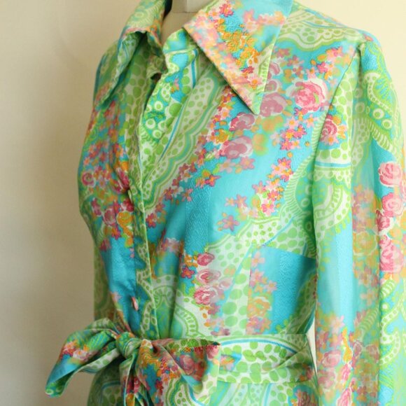 Vintage 1970s Hostess Dress, Volup JS Full Length Maxidress, Pastel Green - Picture 8 of 10